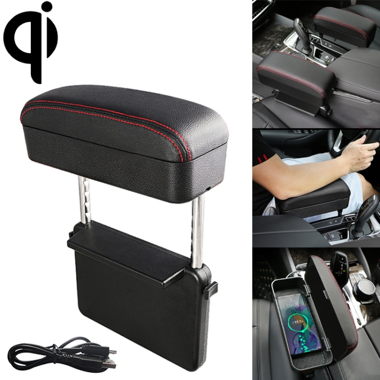 

Universal Car Wireless Qi Standard Charger PU Leather Wrapped Armrest Box Cushion Car Armrest Box Mat with Storage Box (Black Red)