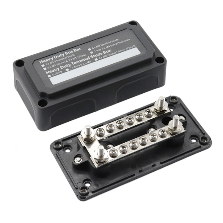 

Max DC 48V 100A Heavy-Duty Module Design Bus Bar 4 M6 / 12 M4 Terminal Studs Box Busbar for Car / RV / Boat