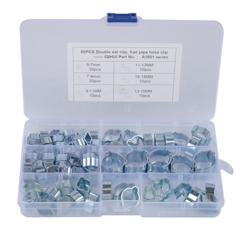 

80 PCS Adjustable Double Ear Zinc Plated Steel Hydraulic Hose Clamps O-Clips Pipe Fuel Air, Inside Diameter Range: 5.0-15mm