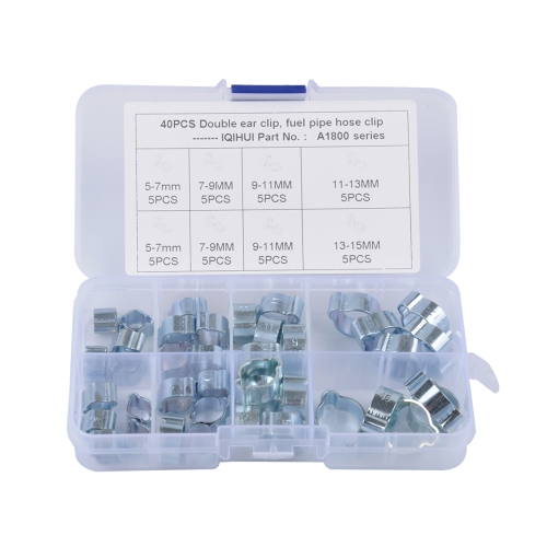 

40 PCS Adjustable Double Ear Zinc Plated Steel Hydraulic Hose Clamps O-Clips Pipe Fuel Air, Inside Diameter Range: 5.0-15mm