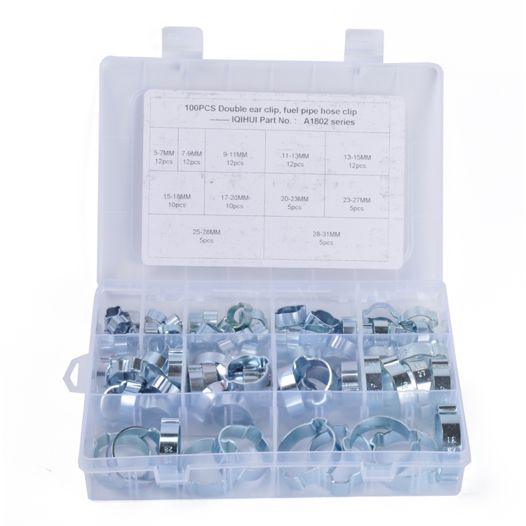 

100 PCS Adjustable Double Ear Zinc Plated Steel Hydraulic Hose Clamps O-Clips Pipe Fuel Air, Inside Diameter Range: 5.0-31mm
