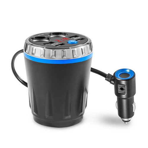 

Cup Holder Car Charger Dual Cigarette Lighter 4USB Ports Charger Car MP3 Player (Blue)