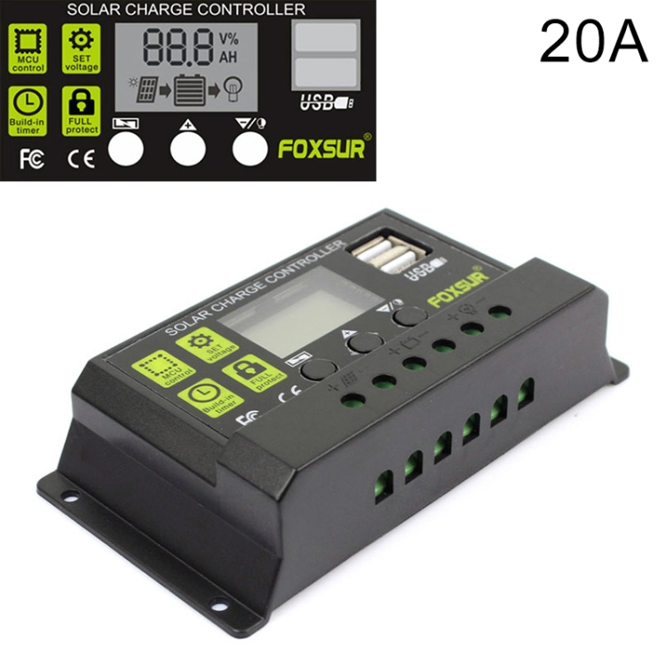 

FOXSUR 20A Solar Charge Controller 12V / 24V Automatic Identification Controller
