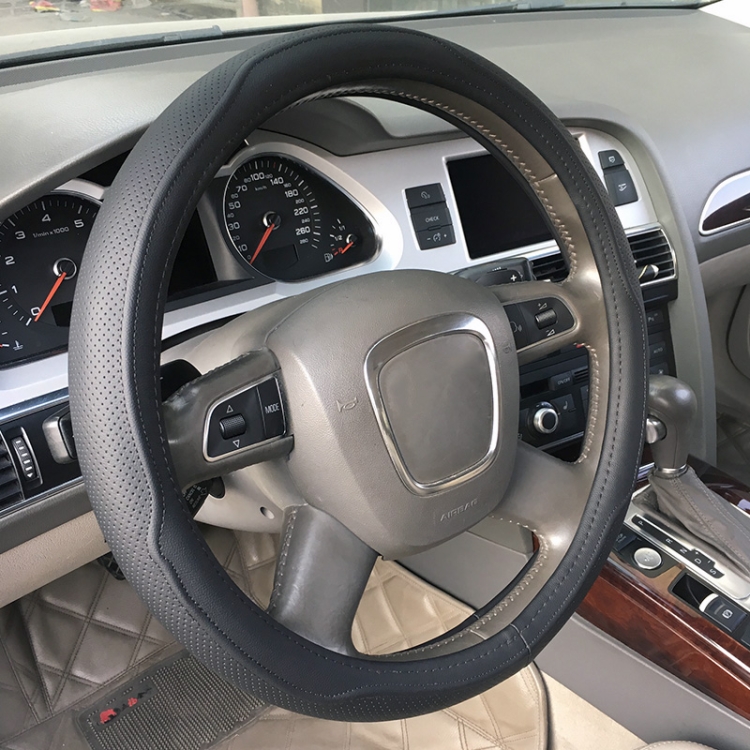 

Universal Car Genuine Leather Double Needlework Steering Wheel Cover, Diameter: 38cm (Black)