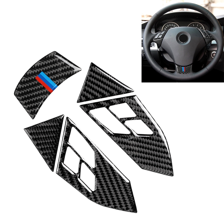 

5 in 1 Car Carbon Fiber Tricolor Steering Wheel Button Decorative Sticker for BMW 5 Series E60 2004-2010, Left and Right Drive Universal