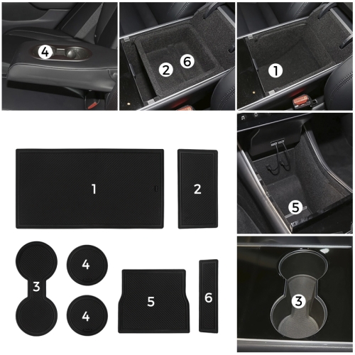 

7 in 1 Car Water Cup Gate Slot Mats Silicon Anti-Slip Interior Door Pad for Tesla Model 3 (Black)