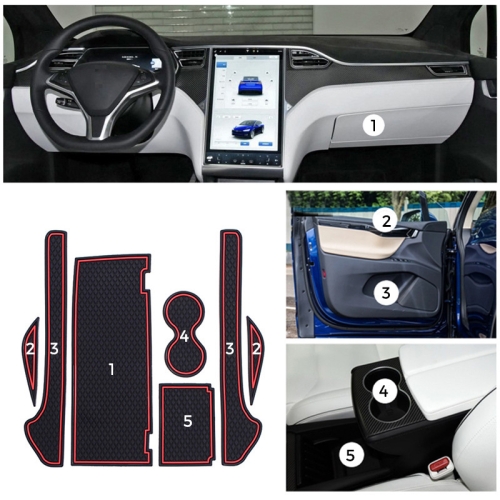 

7 in 1 Car Water Cup Gate Slot Mats Silicon Anti-Slip Interior Door Pad for Tesla Model X (Red)