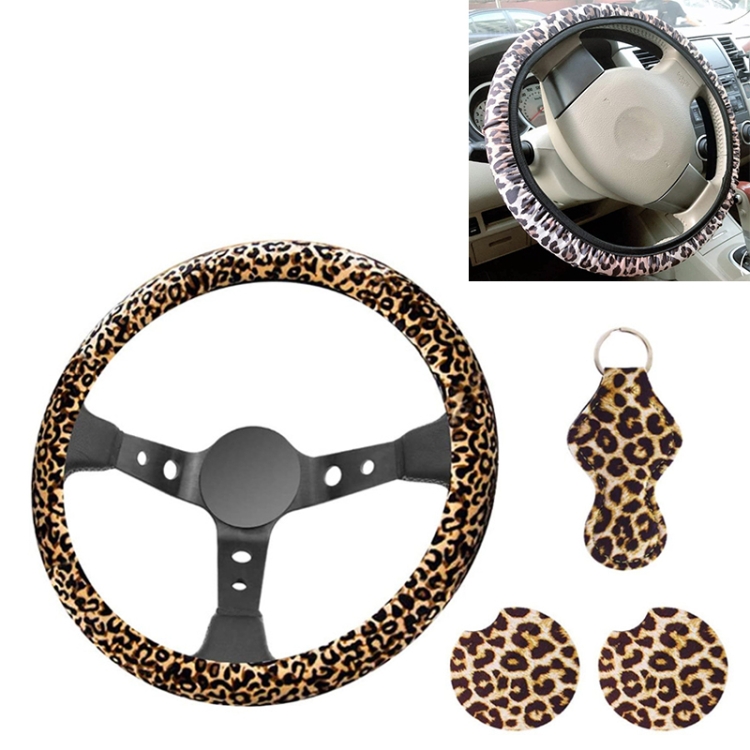 

4 in 1 Universal Car Leopard Steering Wheel Cover + Keychain Cover