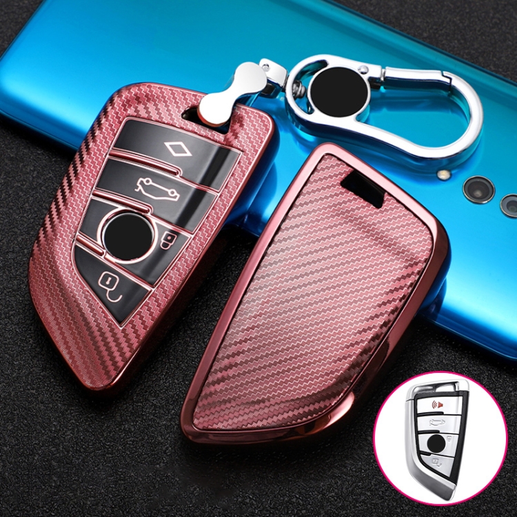 

For BMW Blade 4-button A Version Car TPU Key Protective Cover Key Case with Key Ring (Pink)