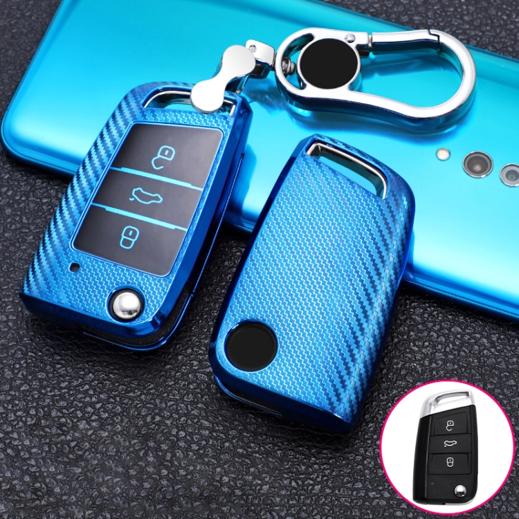 

For Volkswagen Passat Folding 3-button C Version 2017 Car TPU Key Protective Cover Key Case with Key Ring (Blue)