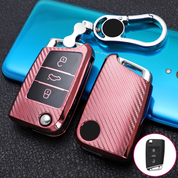 

For Volkswagen Golf 7 Folding 3-button B Version Car TPU Key Protective Cover Key Case with Key Ring(Pink)