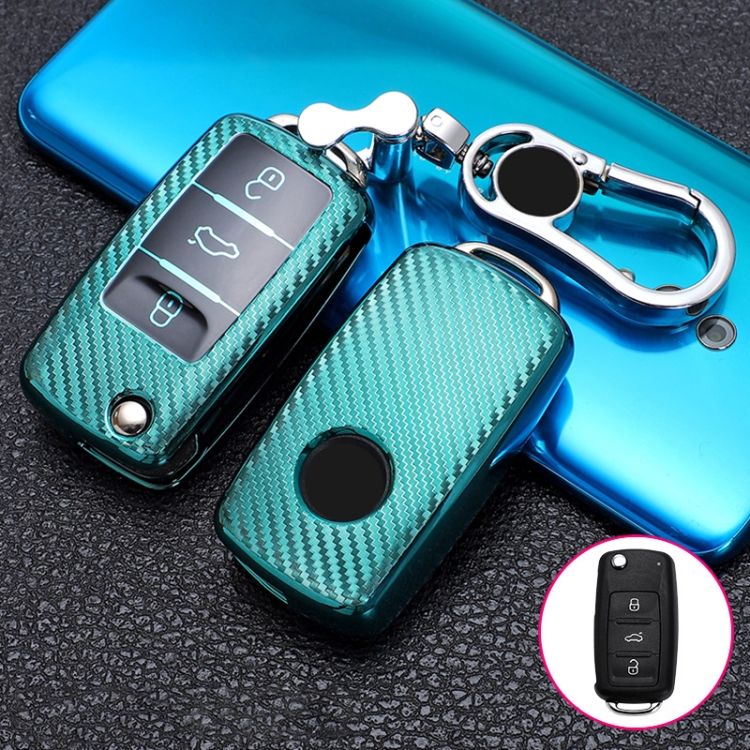 

For Volkswagen Folding 3-button Car TPU Key Protective Cover Key Case with Key Ring (Green)