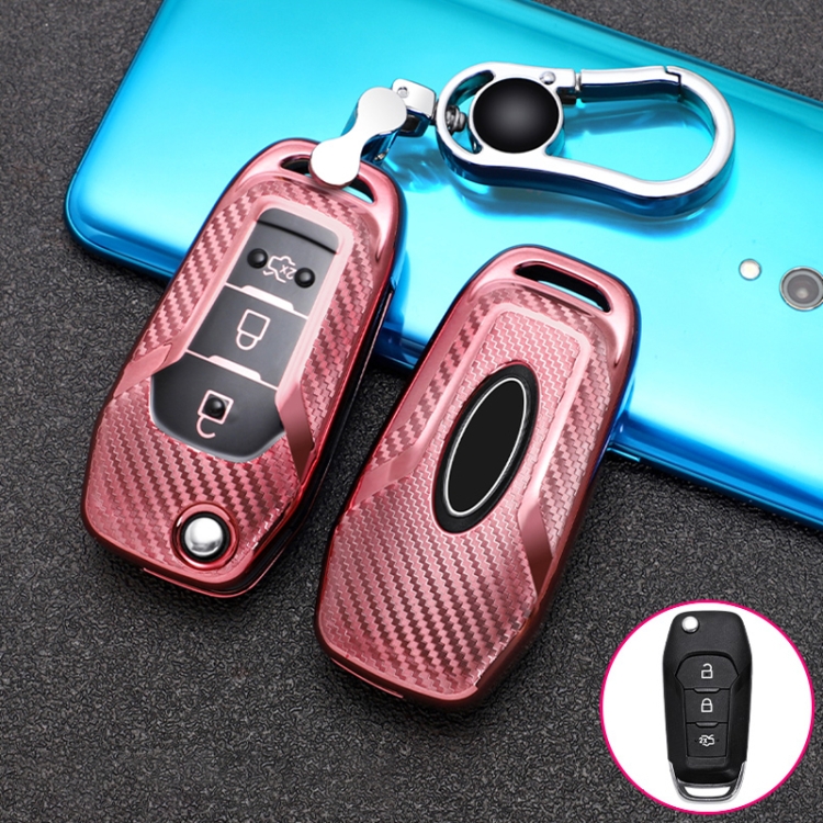 

For Ford Folding 3-button Car TPU Key Protective Cover Key Case with Key Ring (Pink)