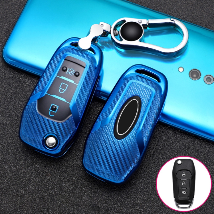 

For Ford Folding 3-button Car TPU Key Protective Cover Key Case with Key Ring (Blue)