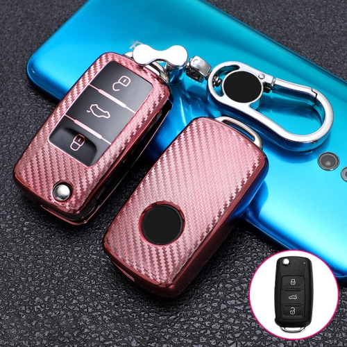 

For Skoda Folding 3-button Car TPU Key Protective Cover Key Case with Key Ring (Pink)