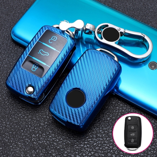 

For Skoda Folding 3-button Car TPU Key Protective Cover Key Case with Key Ring (Blue)