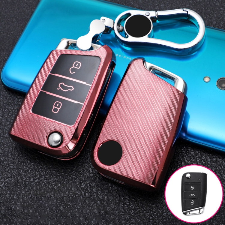 

For Skoda Folding 3-button B Version Car TPU Key Protective Cover Key Case with Key Ring (Pink)