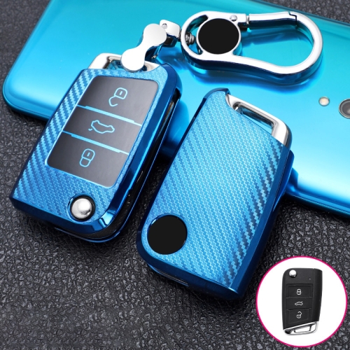 

For Skoda Folding 3-button B Version Car TPU Key Protective Cover Key Case with Key Ring (Blue)