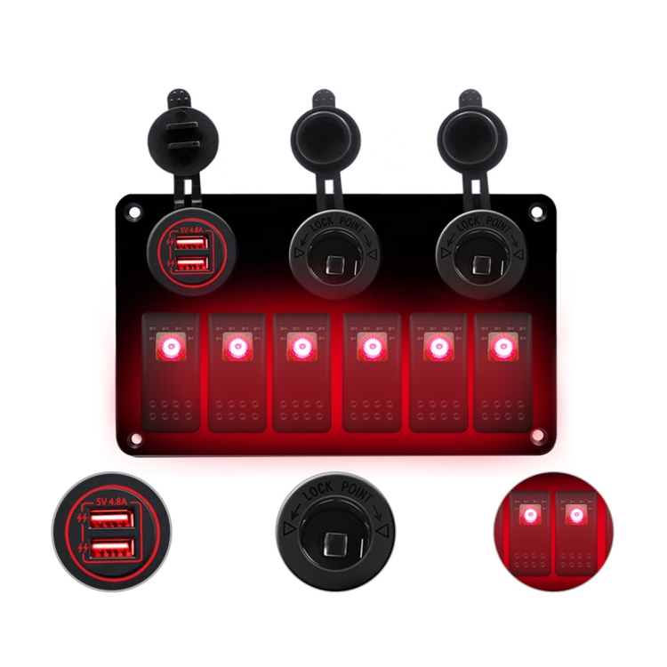 

Multi-functional Combination Switch Panel 12V / 24V 6 Way Switches + Dual USB Charger for Car RV Marine Boat (Red Light)
