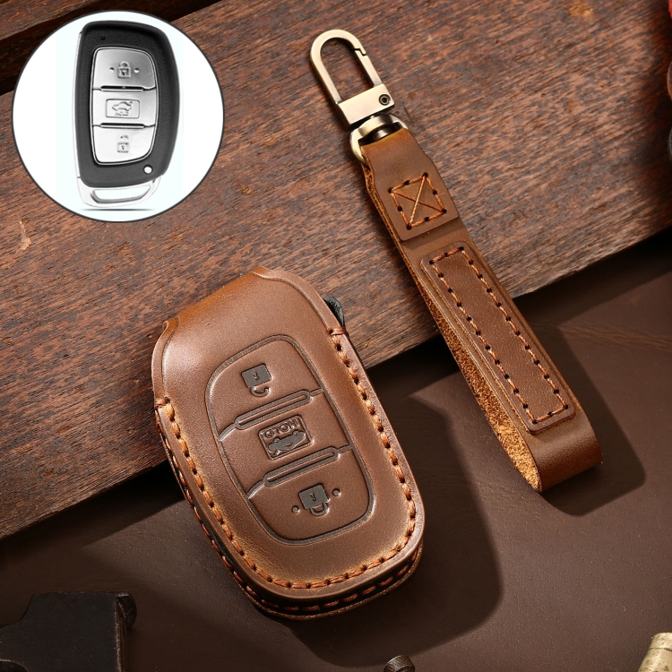 

Hallmo Car Cowhide Leather Key Protective Cover Key Case for Hyundai IX35 A Style (Brown)