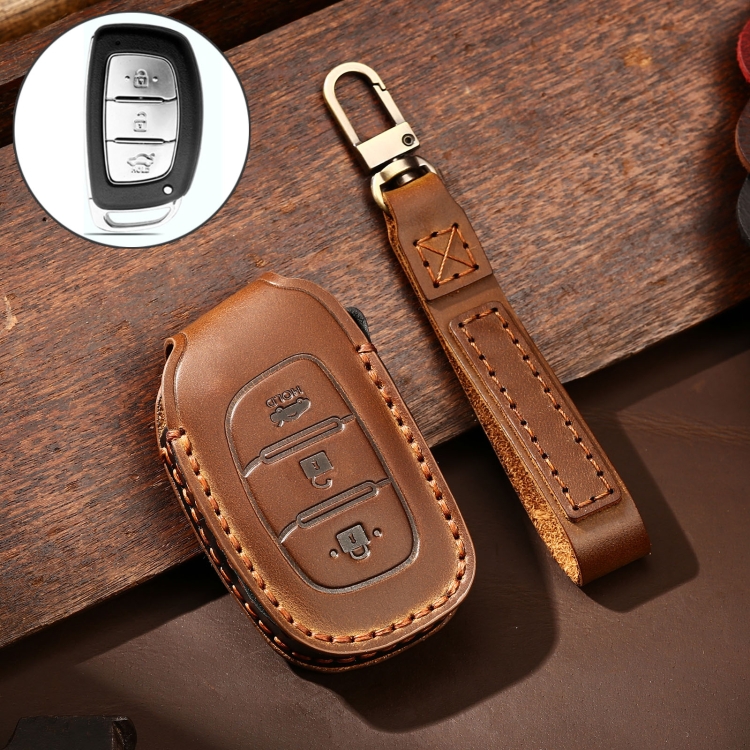 

Hallmo Car Cowhide Leather Key Protective Cover Key Case for Hyundai IX35 B Style (Brown)