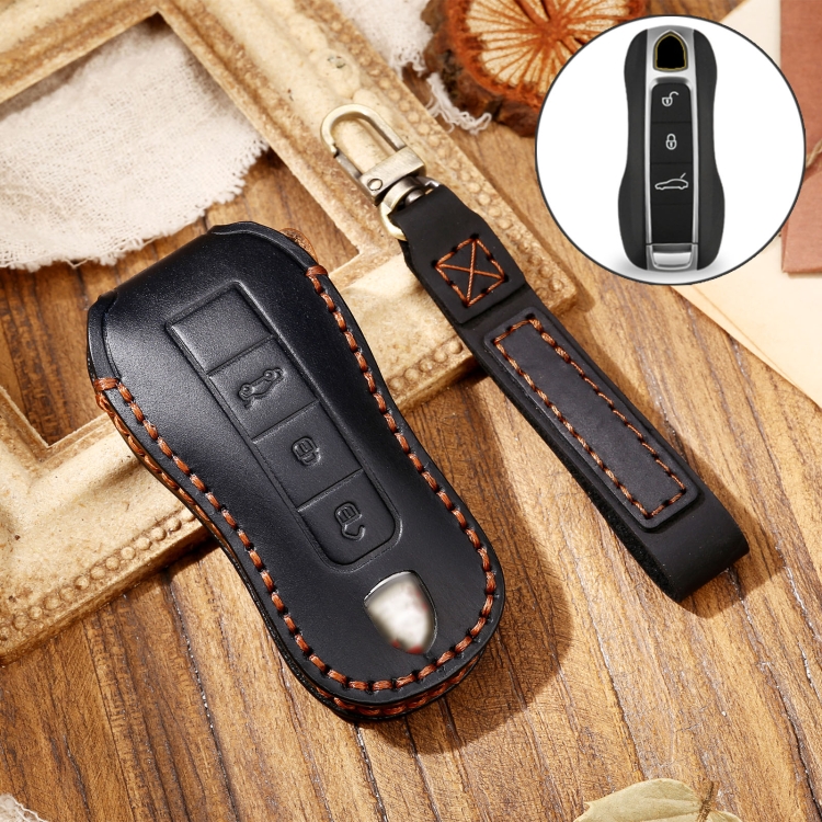 

Hallmo Car Cowhide Leather Key Protective Cover Key Case for Porsche Macan 718 2021 B Style (Black)