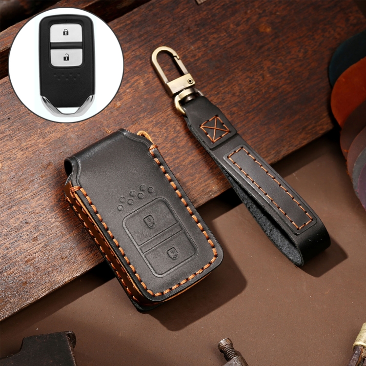 

Hallmo Car Cowhide Leather Key Protective Cover Key Case for Honda 2-button (Black)