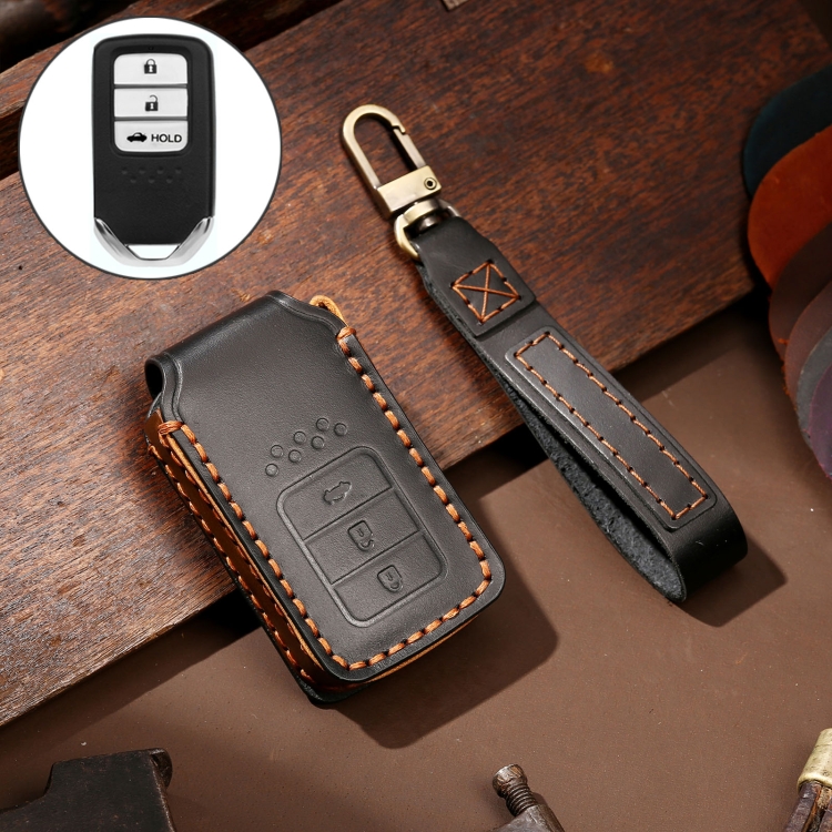 

Hallmo Car Cowhide Leather Key Protective Cover Key Case for Honda 3-button Tail Box (Black)