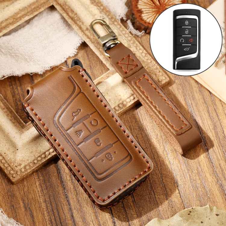 

Hallmo Car Cowhide Leather Key Protective Cover Key Case for Trumpchi GS4 2021 B Style (Brown)