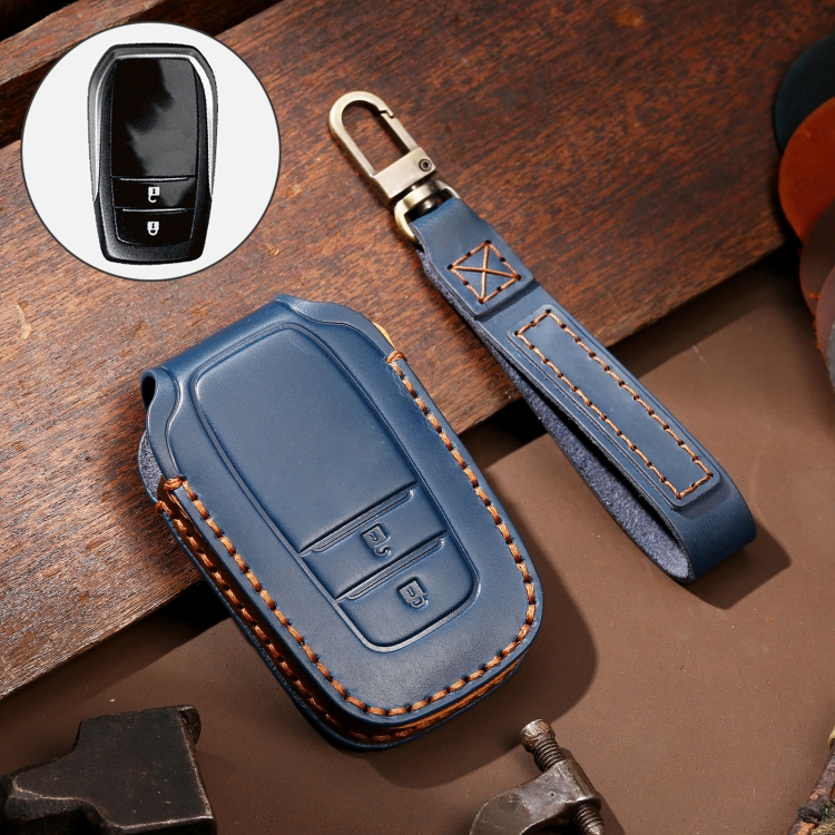

Hallmo Car Cowhide Leather Key Protective Cover Key Case for Toyota Corolla 2017 2-button(Blue)