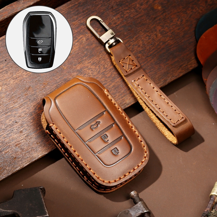 

Hallmo Car Cowhide Leather Key Protective Cover Key Case for Toyota Corolla 2017 3-button (Brown)