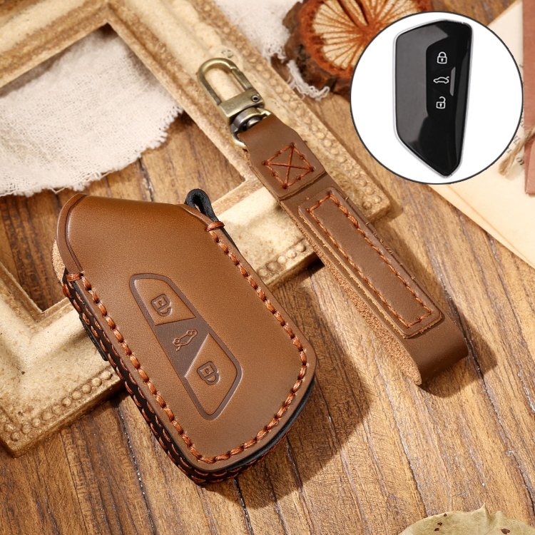 

Hallmo Car Cowhide Leather Key Protective Cover Key Case for Volkswagen Golf 8 (Brown)