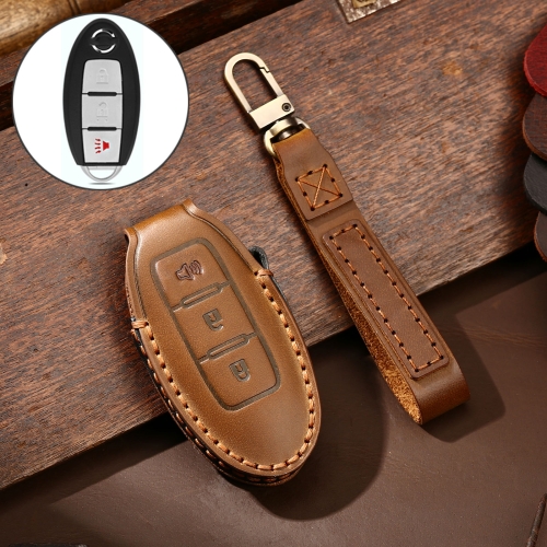 

Hallmo Car Cowhide Leather Key Protective Cover Key Case for Nissan Sylphy 3-button Horn (Brown)