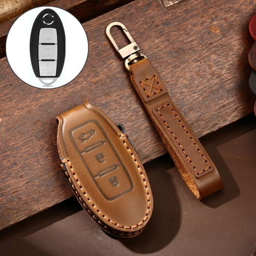 

Hallmo Car Cowhide Leather Key Protective Cover Key Case for Nissan Sylphy 3-button Tail Box (Brown)