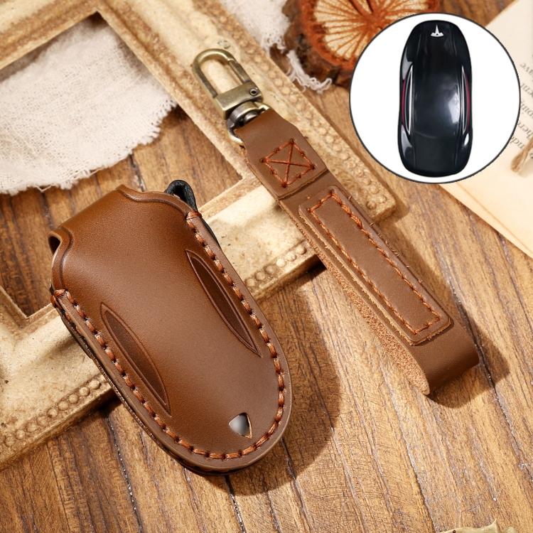 

Hallmo Car Cowhide Leather Key Protective Cover Key Case for Tesla Model 3 B Style (Brown)