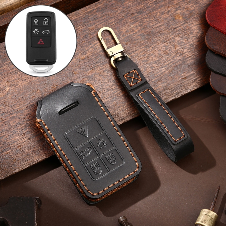 

Hallmo Car Cowhide Leather Key Protective Cover Key Case for Volvo 5-button (Black)