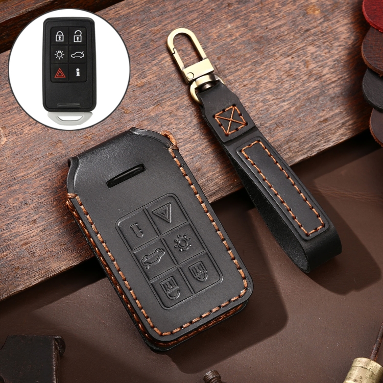 

Hallmo Car Cowhide Leather Key Protective Cover Key Case for Volvo 6-button (Black)