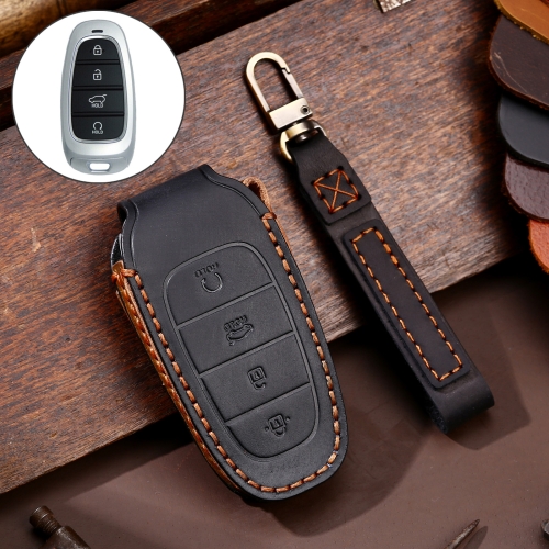 

Hallmo Car Cowhide Leather Key Protective Cover Key Case for Hyundai 4-button Start (Black)