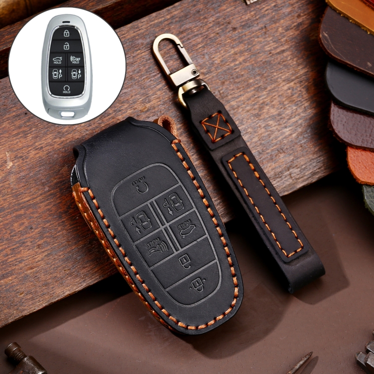 

Hallmo Car Cowhide Leather Key Protective Cover Key Case for Hyundai 7-button (Black)