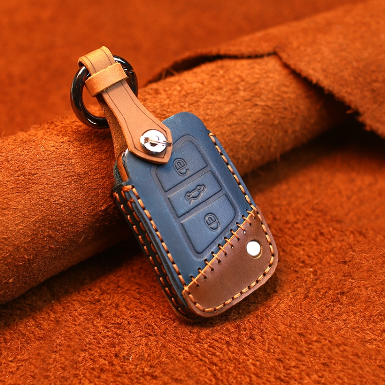 

For Volkswagen Car Cowhide Leather Key Protective Cover Key Case, B Version(Blue)