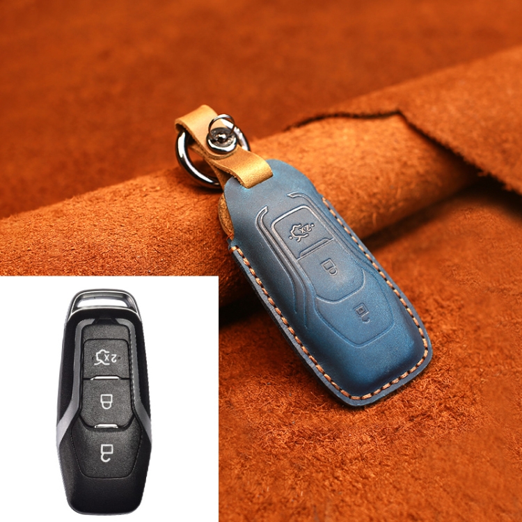

For Ford Old Style Car Cowhide Leather Key Protective Cover Key Case (Blue)