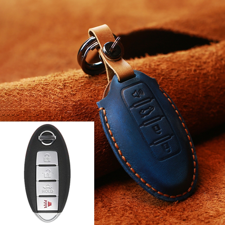 

For Nissan Car Cowhide Leather Key Protective Cover Key Case, Four Keys Version (Blue)