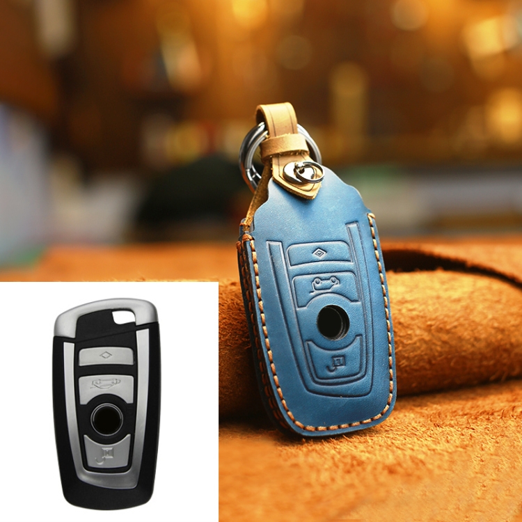 

For BMW Old Style Car Cowhide Leather Key Protective Cover Key Case, Three Keys Version (Blue)
