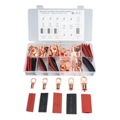 

44 PCS AWG T2 Copper Heavy-duty Cold-pressed Wire Terminals with Heat Shrinkable Tube