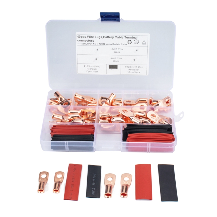 

40 PCS AWG T2 Copper Heavy-duty Cold-pressed Wire Terminals 8 x 1/4 & 6 x 1/4 with Heat Shrinkable Tube