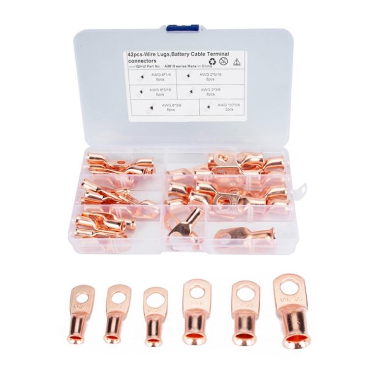 

42 PCS Wire Terminals Connector Cable Lugs AWG T2 Copper Heavy-duty Cold-pressed Battery Cable Ends