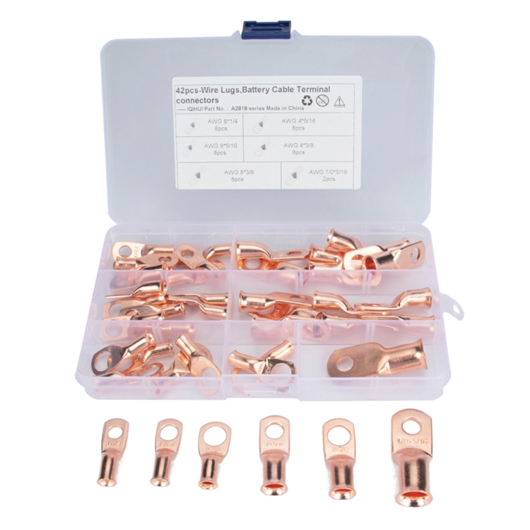 

42 PCS Wire Terminals Connector Cable Lugs AWG T2 Copper Heavy-duty Cold-pressed Battery Cable Ends