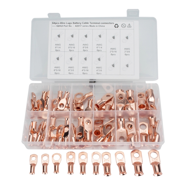 

64 PCS Wire Terminals Connector Cable Lugs AWG T2 Copper Heavy-duty Cold-pressed Battery Cable Ends