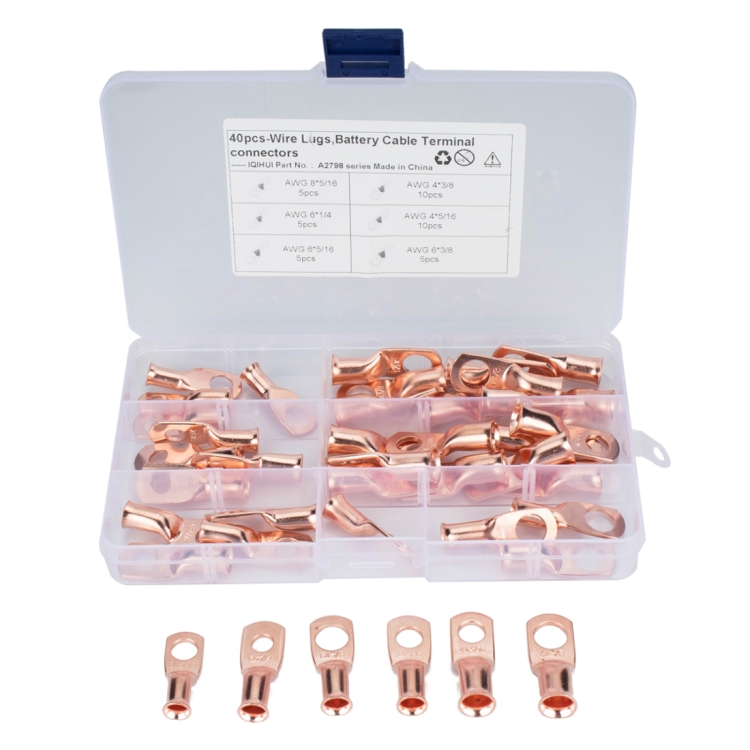 

40 PCS Wire Terminals Connector Cable Lugs AWG T2 Copper Heavy-duty Cold-pressed Battery Cable Ends