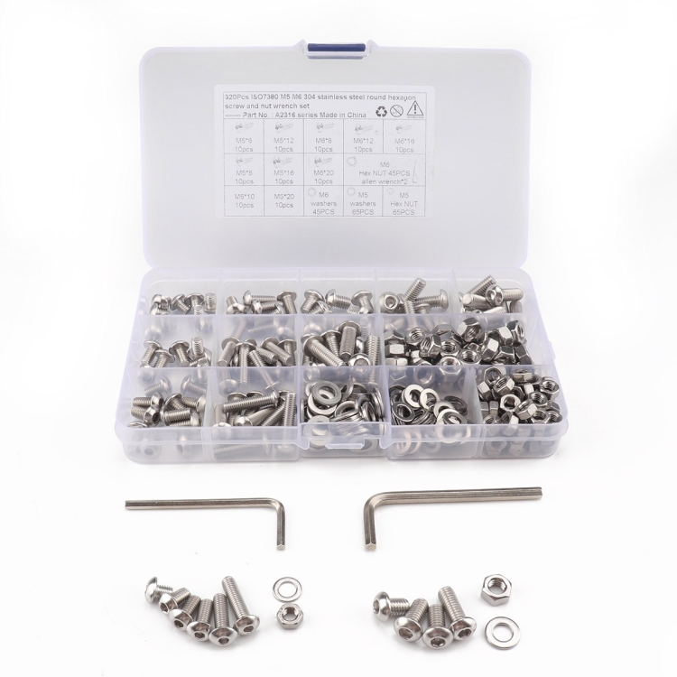

320 PCS 304 Stainless Steel Screws and Nuts M5 M6 Hex Socket Head Cap Screws Gasket Wrench Assortment Set Kit